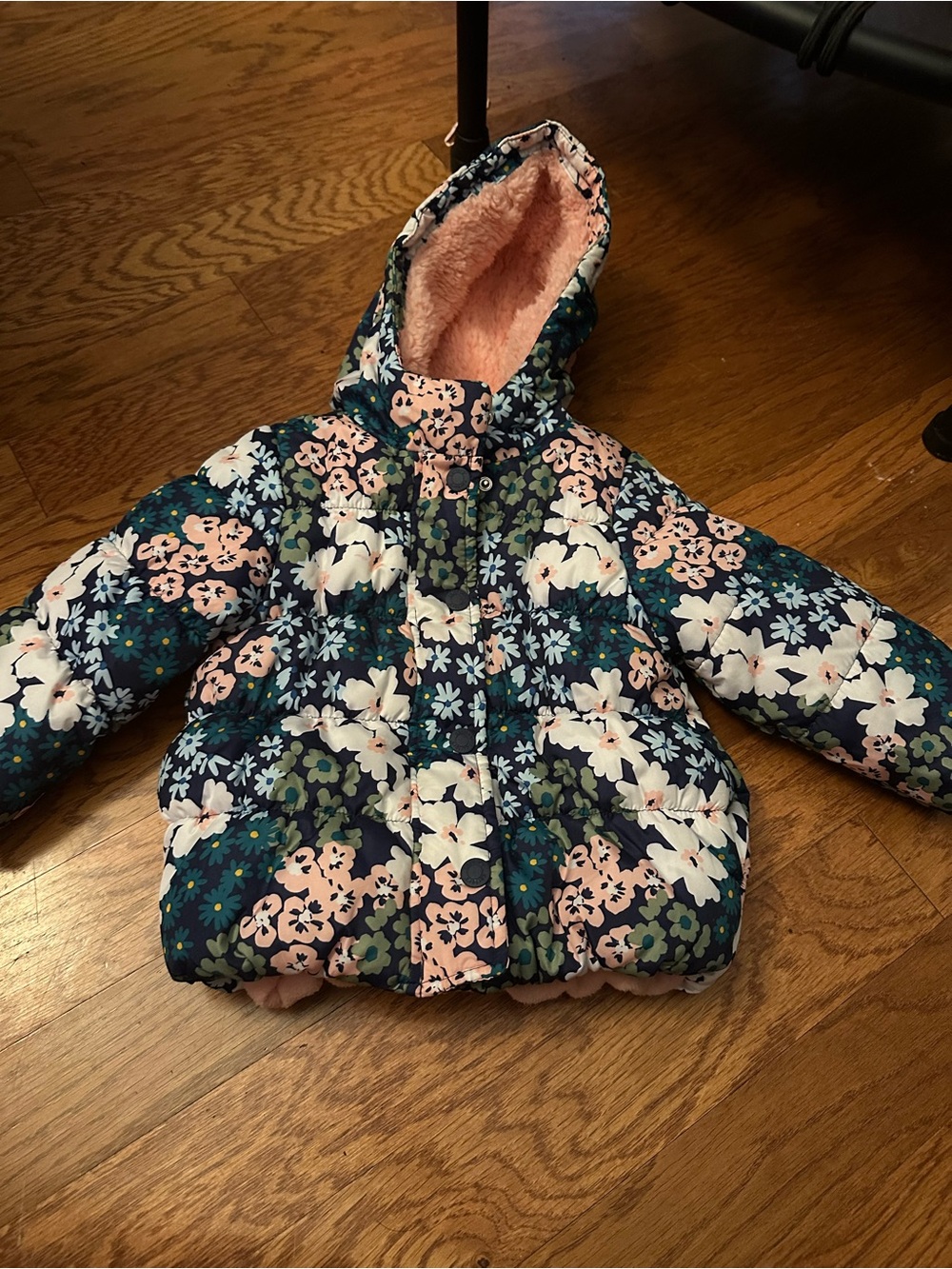 Carter's Navy Floral Hooded Puffer Jacket with Pink Lining